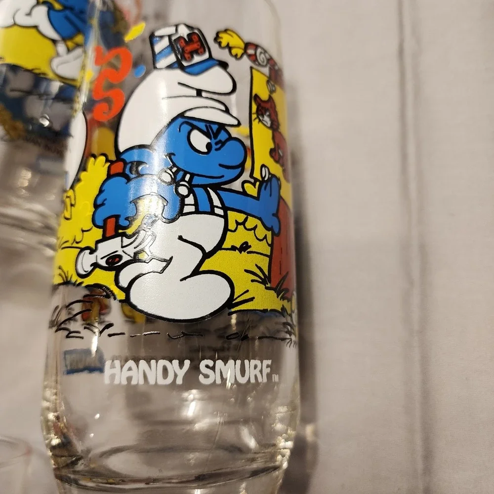Vintage 1983 Smurf Glasses Set Of 4‎ Smurfette, Hefty, Baker, Handy, Harmony